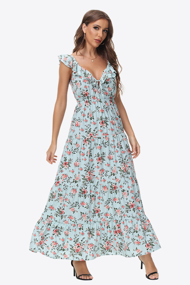 Floral Ruffle Shoulder Tied Maxi Dress