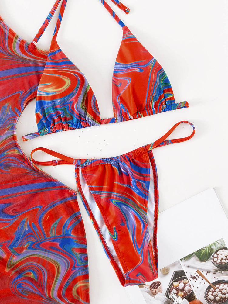 Abstract Print Tied Three-Piece Swimsuit