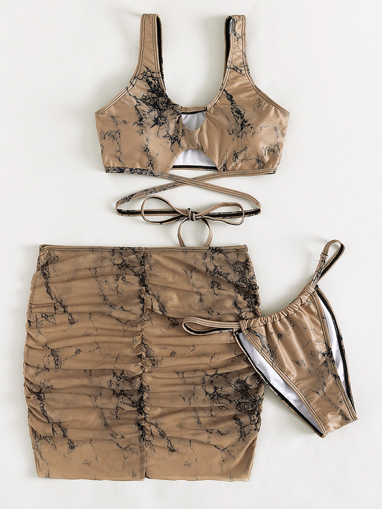 Tie-Dye Ruched Three-Piece Swimsuit