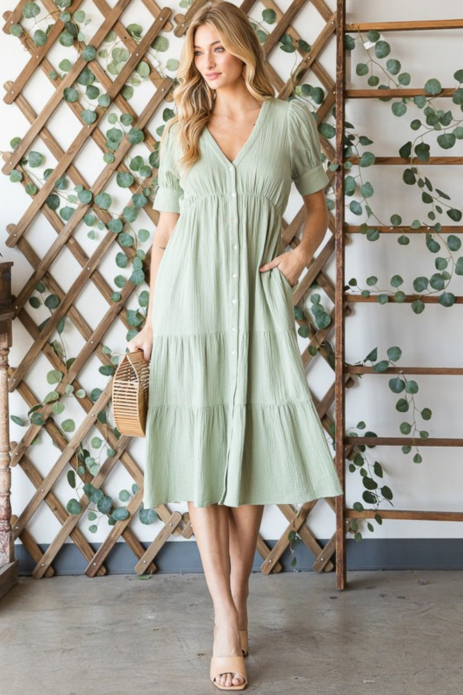 HEYSON Full Size Lilac Breeze Gauze Button Front Midi Dress in Sage