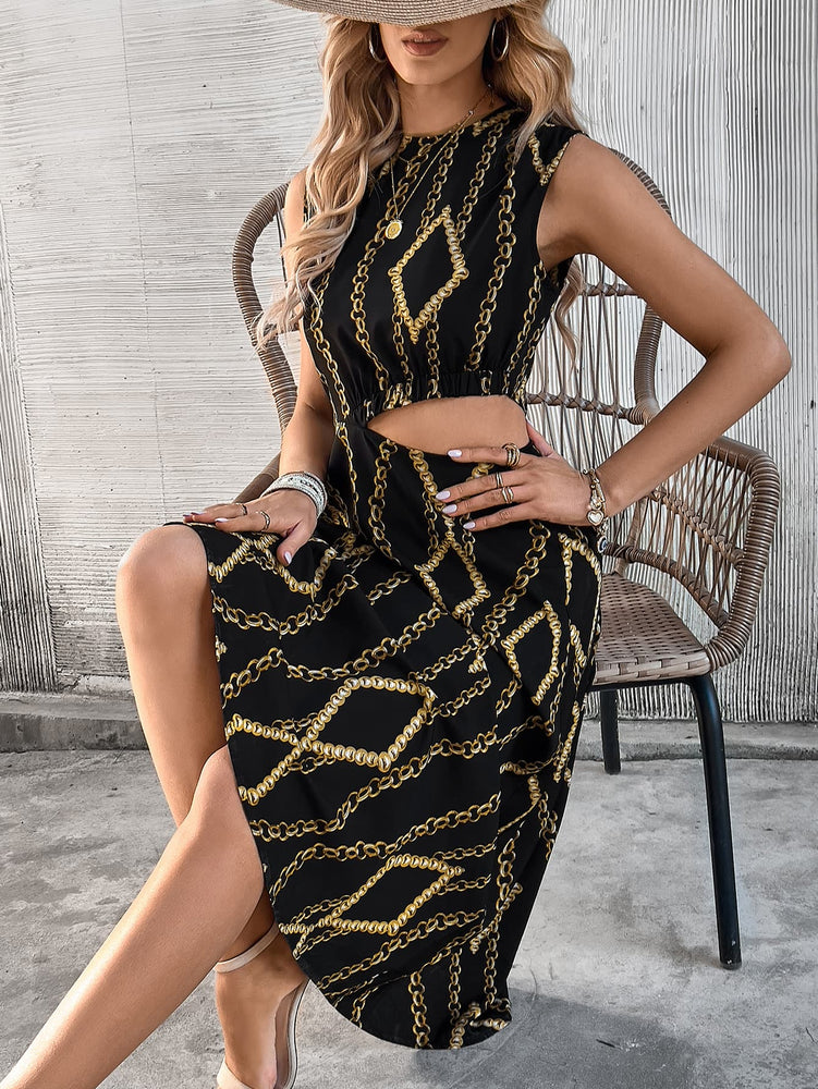 Scarf Print Cutout Waist Sleeveless Dress