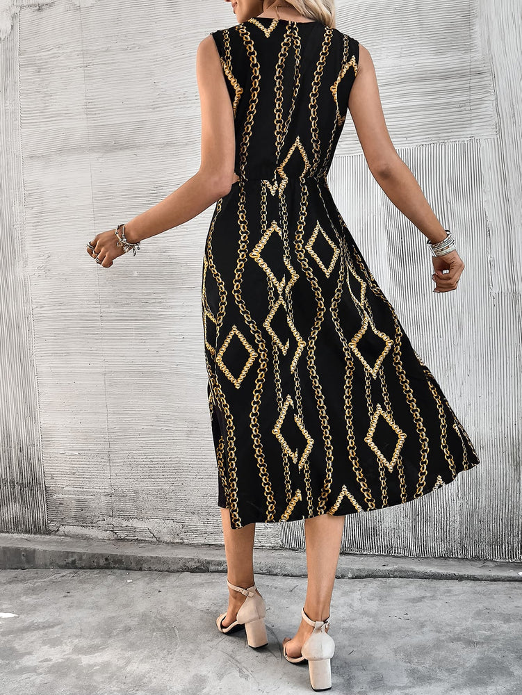 Scarf Print Cutout Waist Sleeveless Dress