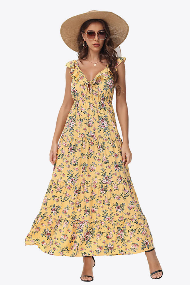 Floral Ruffle Shoulder Tied Maxi Dress