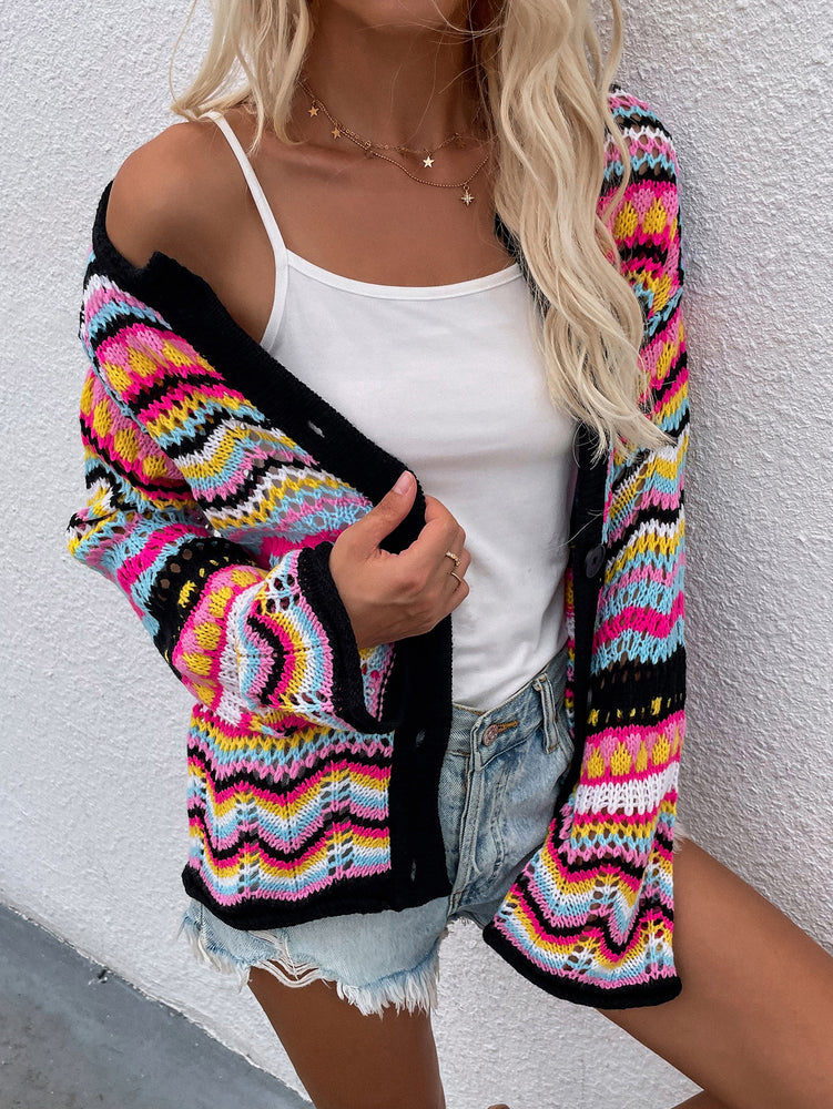 Chevron Stripes Openwork Cardigan - MiAmorDeluxe