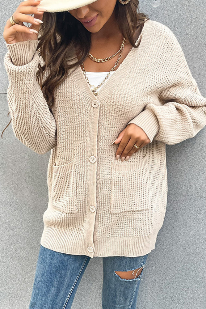 Button Front Drop Shoulder Waffle Cardigan - MiAmorDeluxe