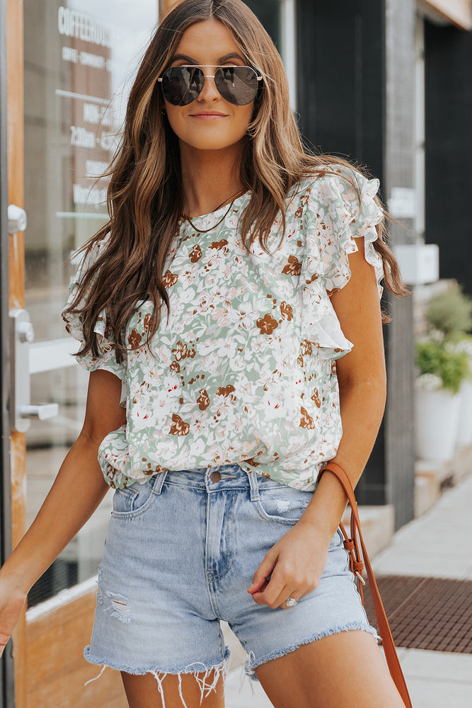 Floral Ruffled Flutter Sleeve Blouse