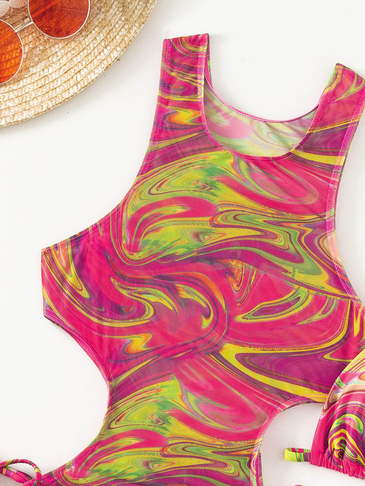 Abstract Print Tied Three-Piece Swimsuit