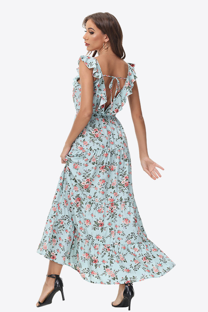 Floral Ruffle Shoulder Tied Maxi Dress