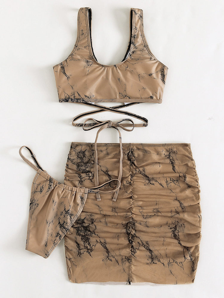 Tie-Dye Ruched Three-Piece Swimsuit