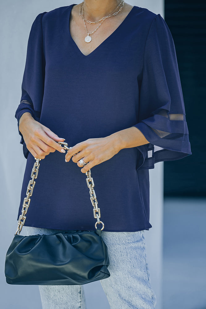 Sheer Striped Flare Sleeve V-Neck Blouse