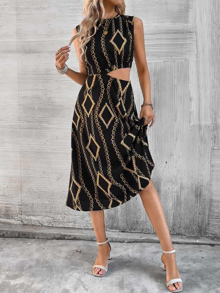 Scarf Print Cutout Waist Sleeveless Dress