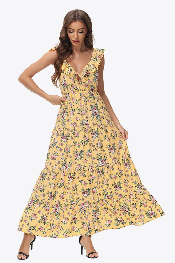 Floral Ruffle Shoulder Tied Maxi Dress