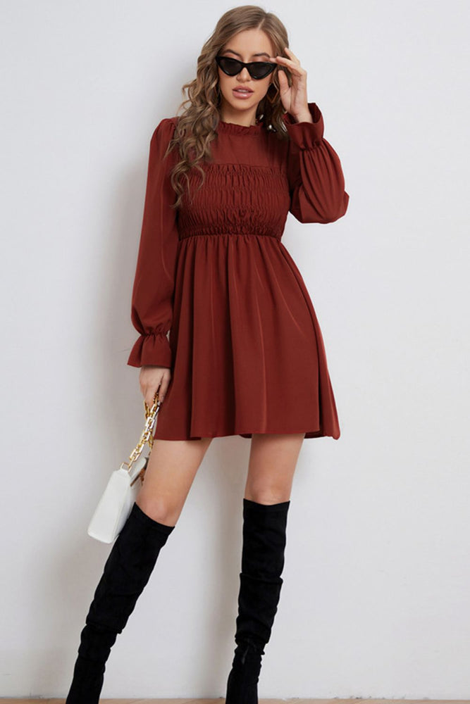 Smocked Flounce Sleeve Frill Neck Dress