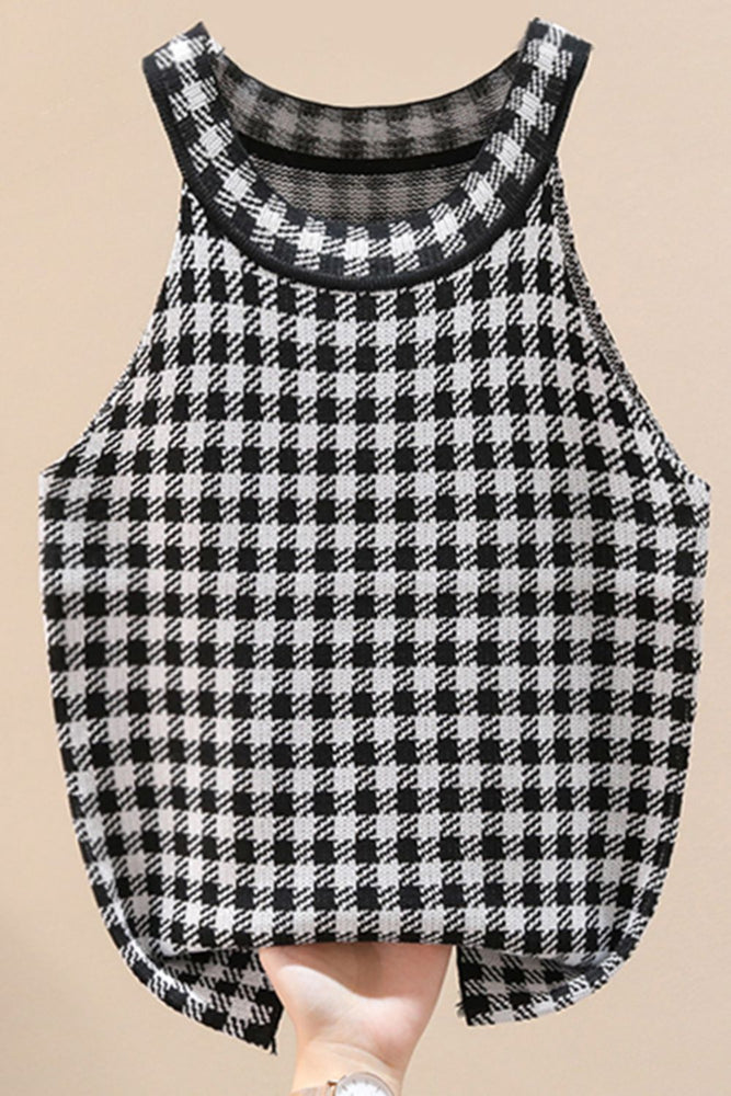 Plaid Round Neck Sleeveless Knit Top