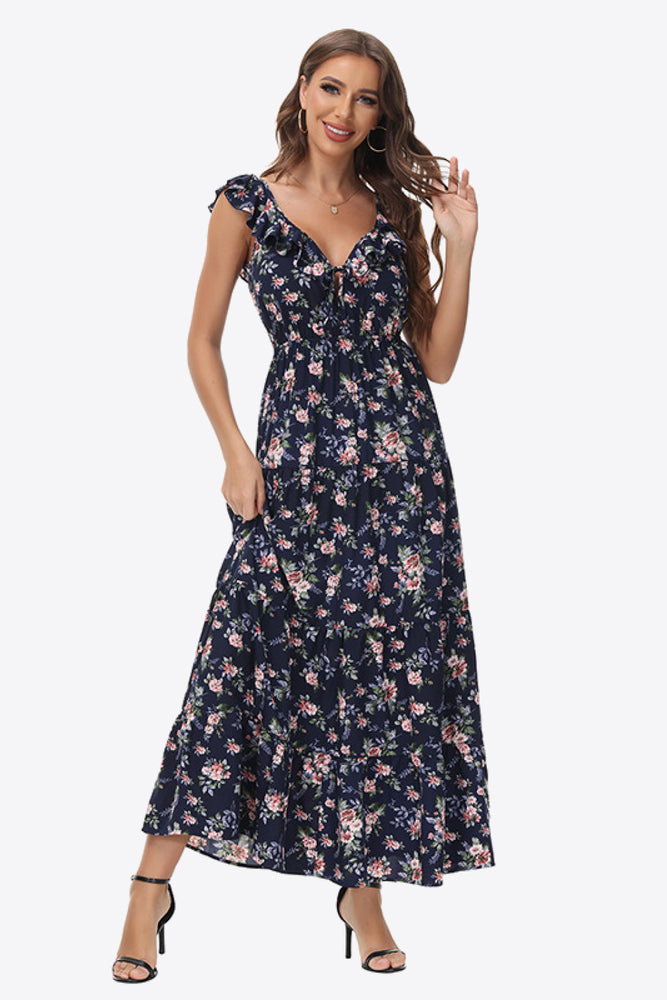 Floral Ruffle Shoulder Tied Maxi Dress