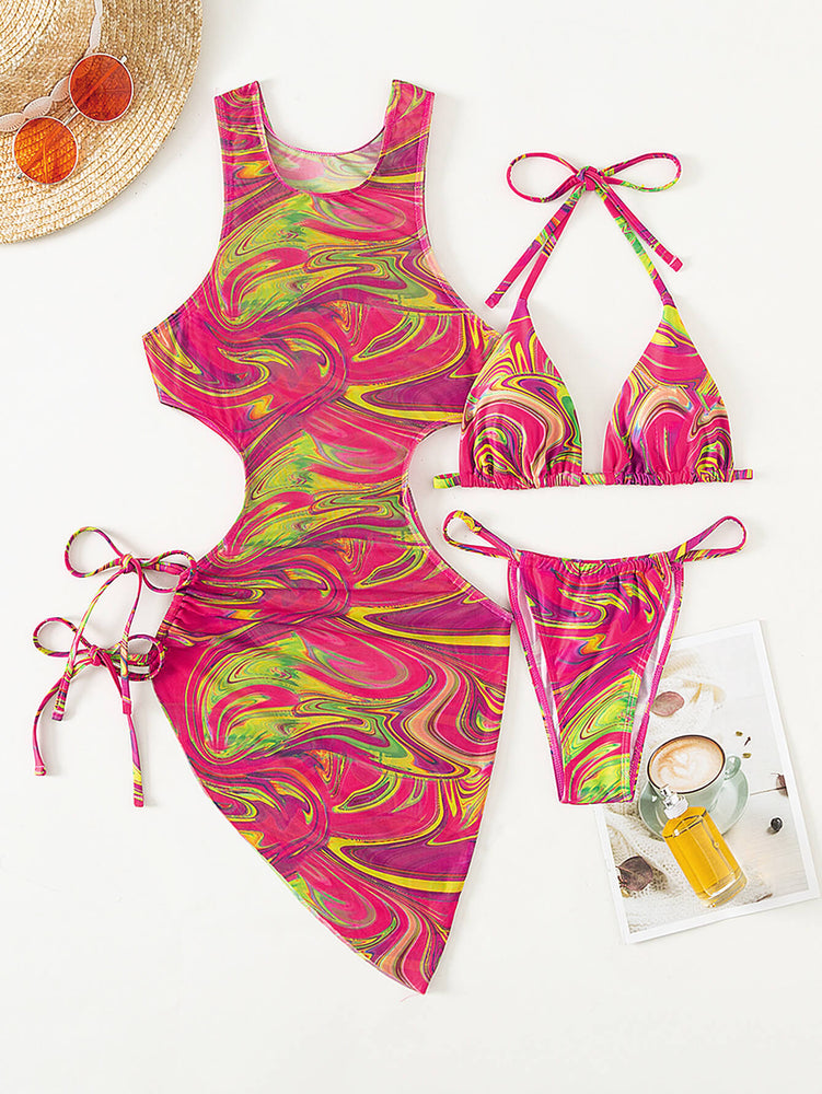Abstract Print Tied Three-Piece Swimsuit