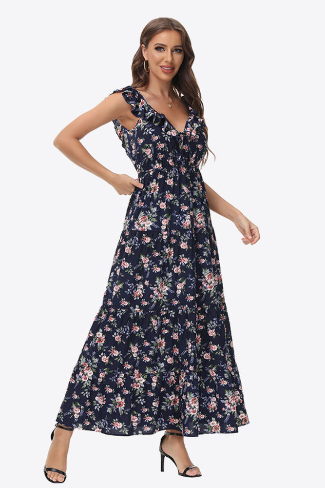 Floral Ruffle Shoulder Tied Maxi Dress