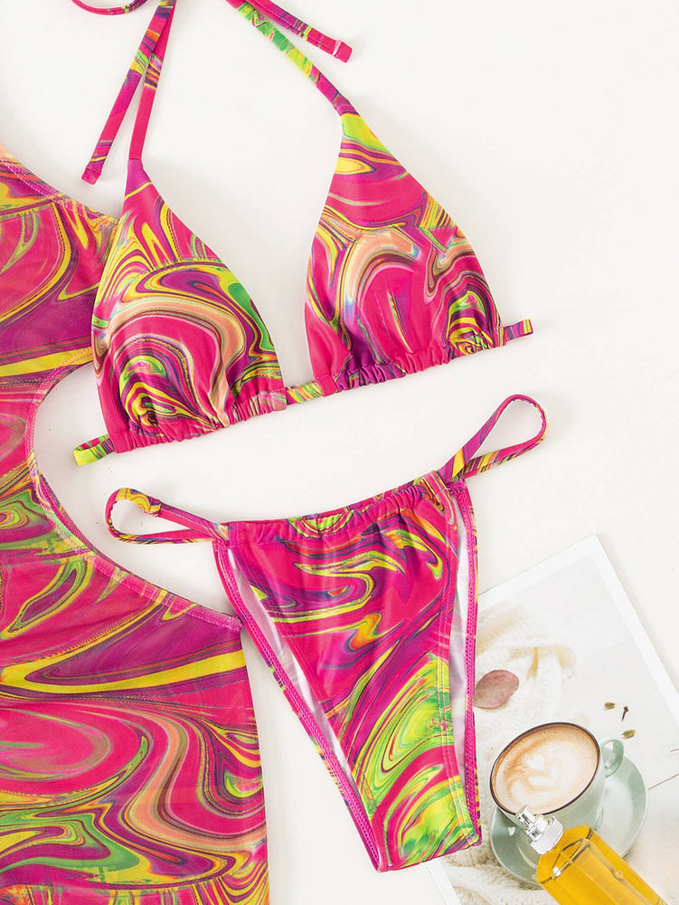 Abstract Print Tied Three-Piece Swimsuit
