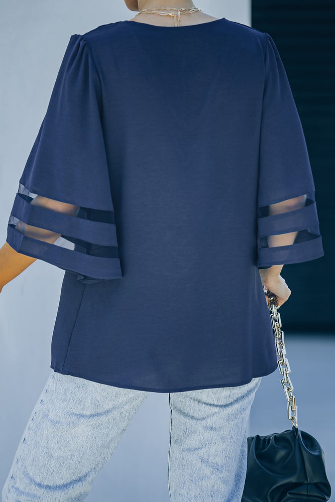 Sheer Striped Flare Sleeve V-Neck Blouse