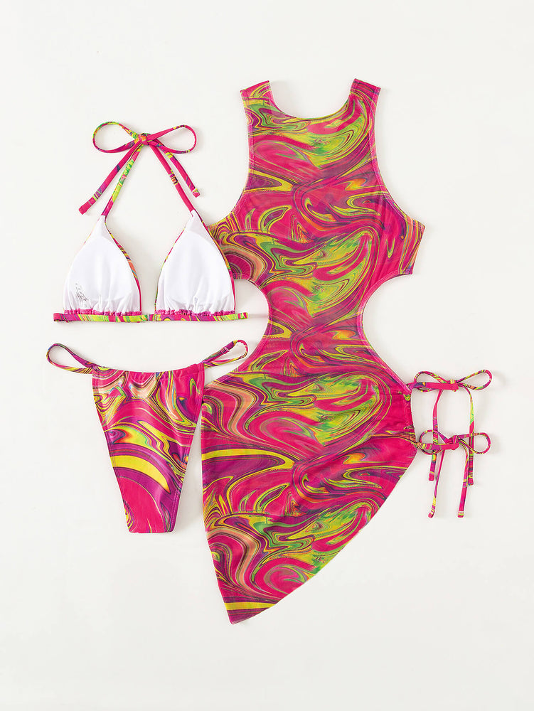 Abstract Print Tied Three-Piece Swimsuit