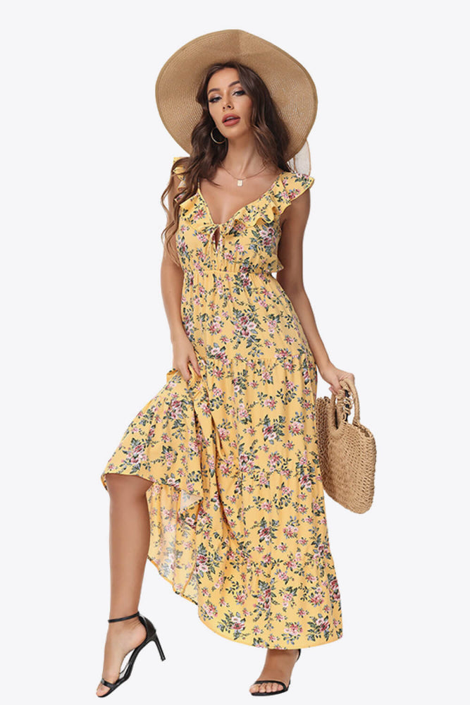 Floral Ruffle Shoulder Tied Maxi Dress