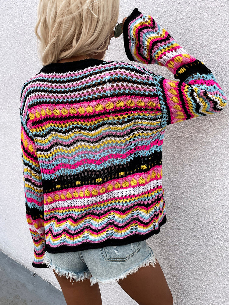 Chevron Stripes Openwork Cardigan - MiAmorDeluxe