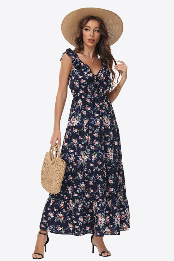 Floral Ruffle Shoulder Tied Maxi Dress