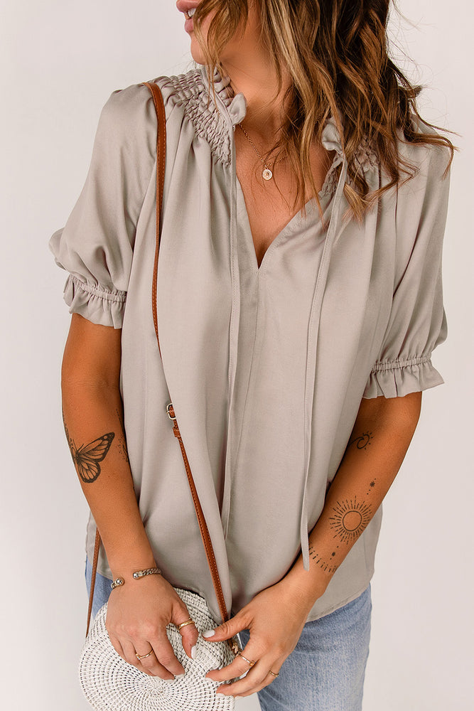 Smocked Frill Trim Flounce Sleeve Blouse