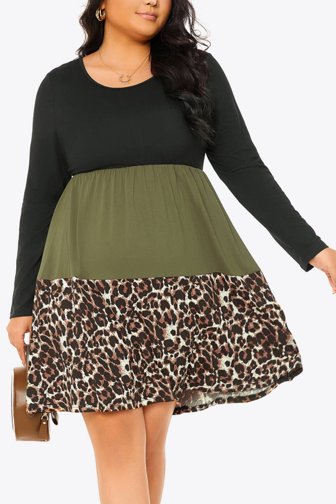 Plus Size Leopard Color Block Long Sleeve Dress