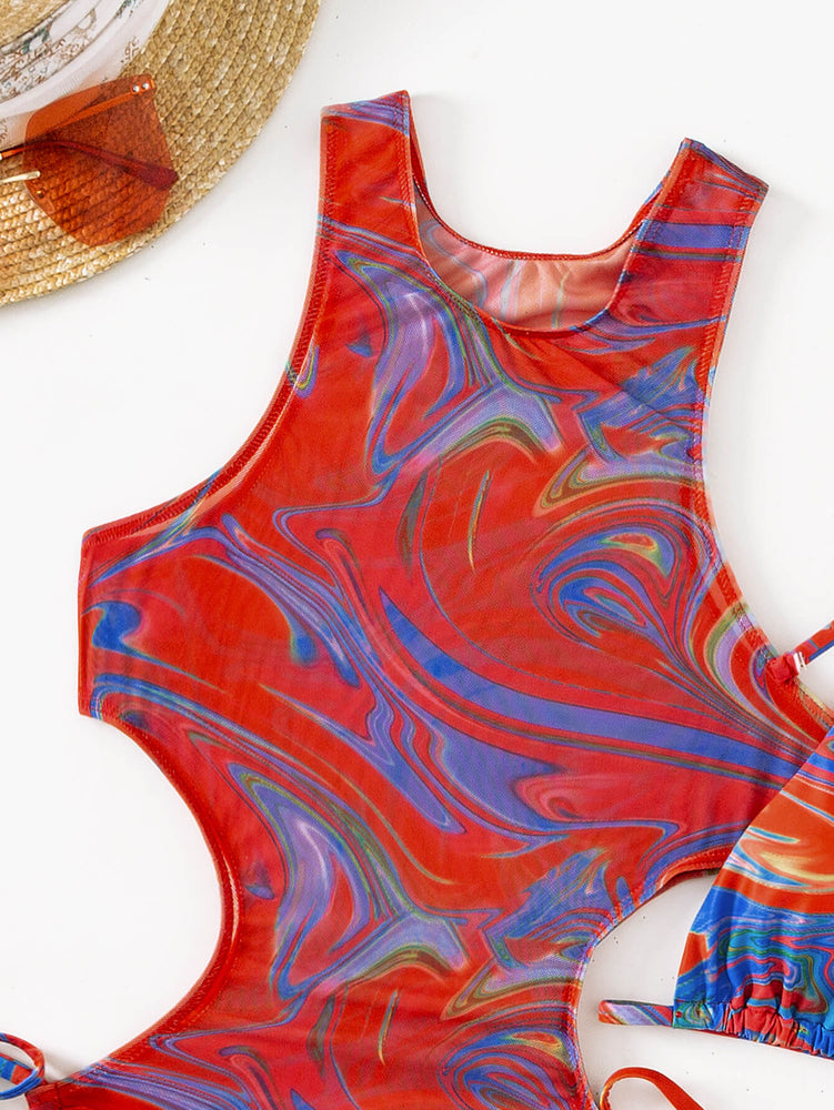 Abstract Print Tied Three-Piece Swimsuit