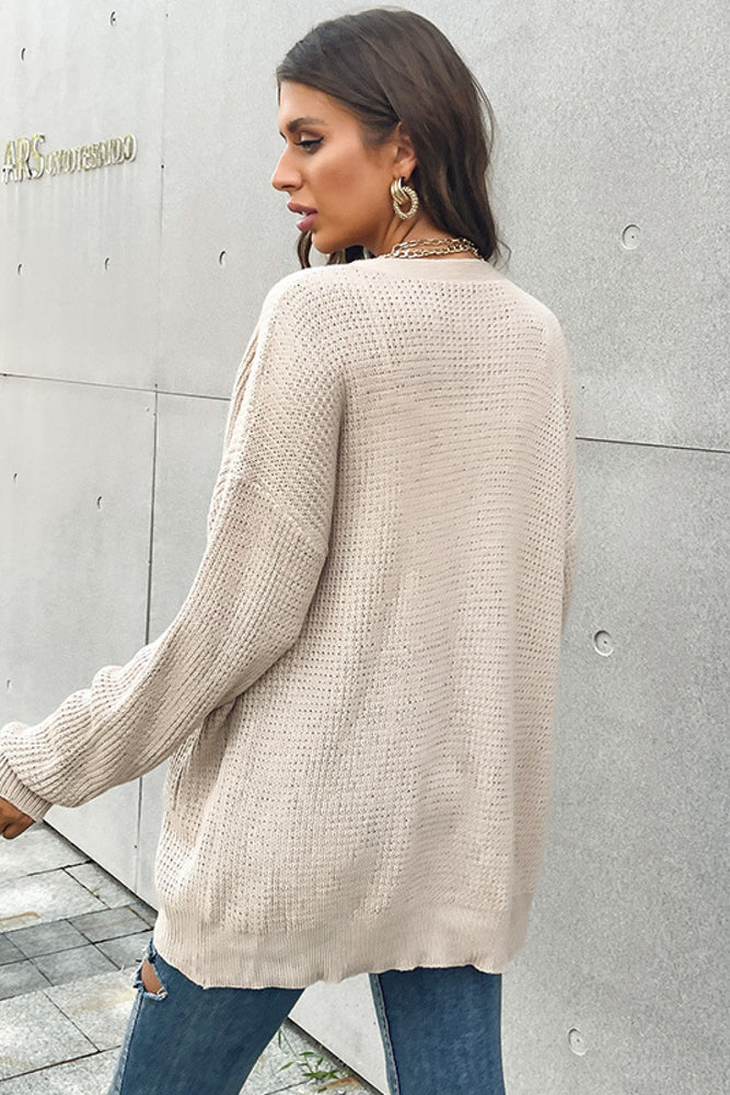 Button Front Drop Shoulder Waffle Cardigan - MiAmorDeluxe