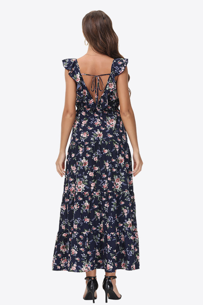 Floral Ruffle Shoulder Tied Maxi Dress
