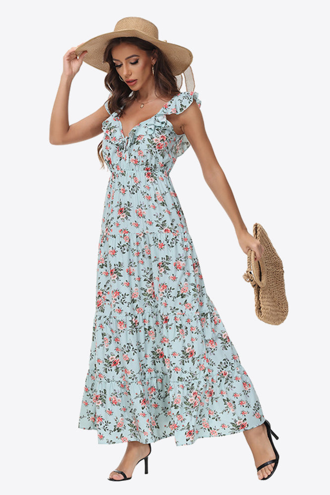 Floral Ruffle Shoulder Tied Maxi Dress
