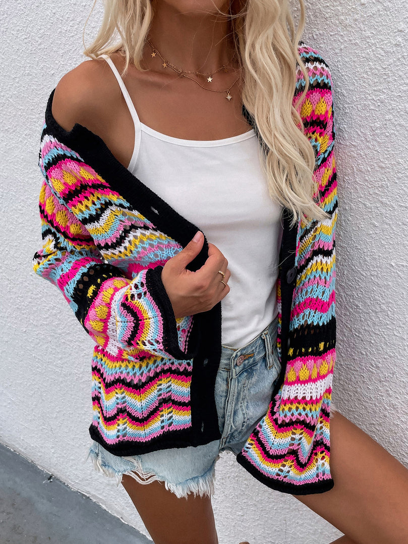 Chevron Stripes Openwork Cardigan - MiAmorDeluxe