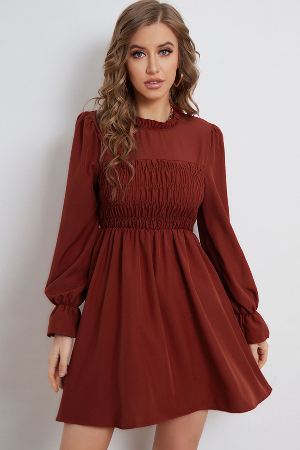 Smocked Flounce Sleeve Frill Neck Dress