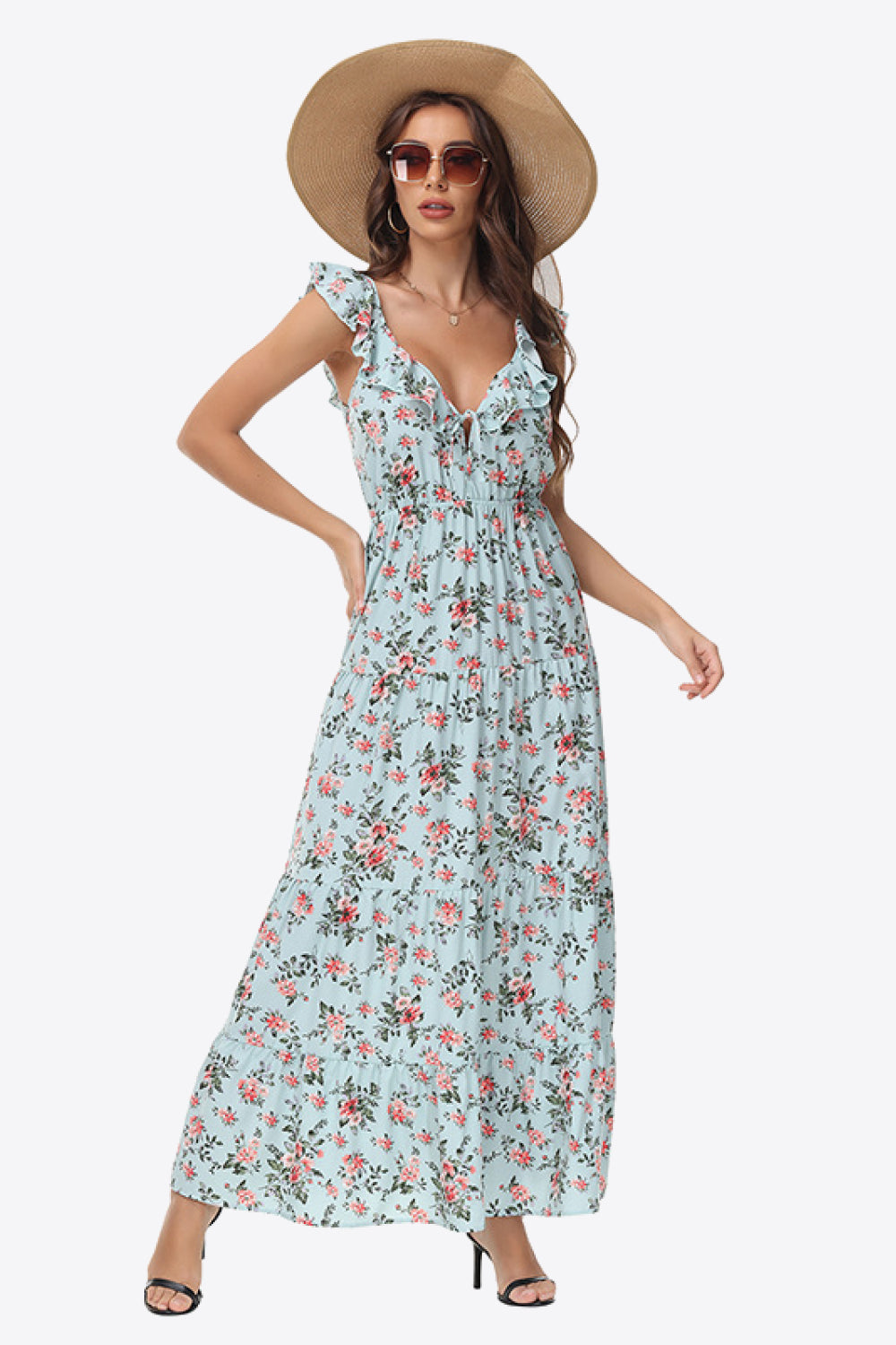 Floral Ruffle Shoulder Tied Maxi Dress