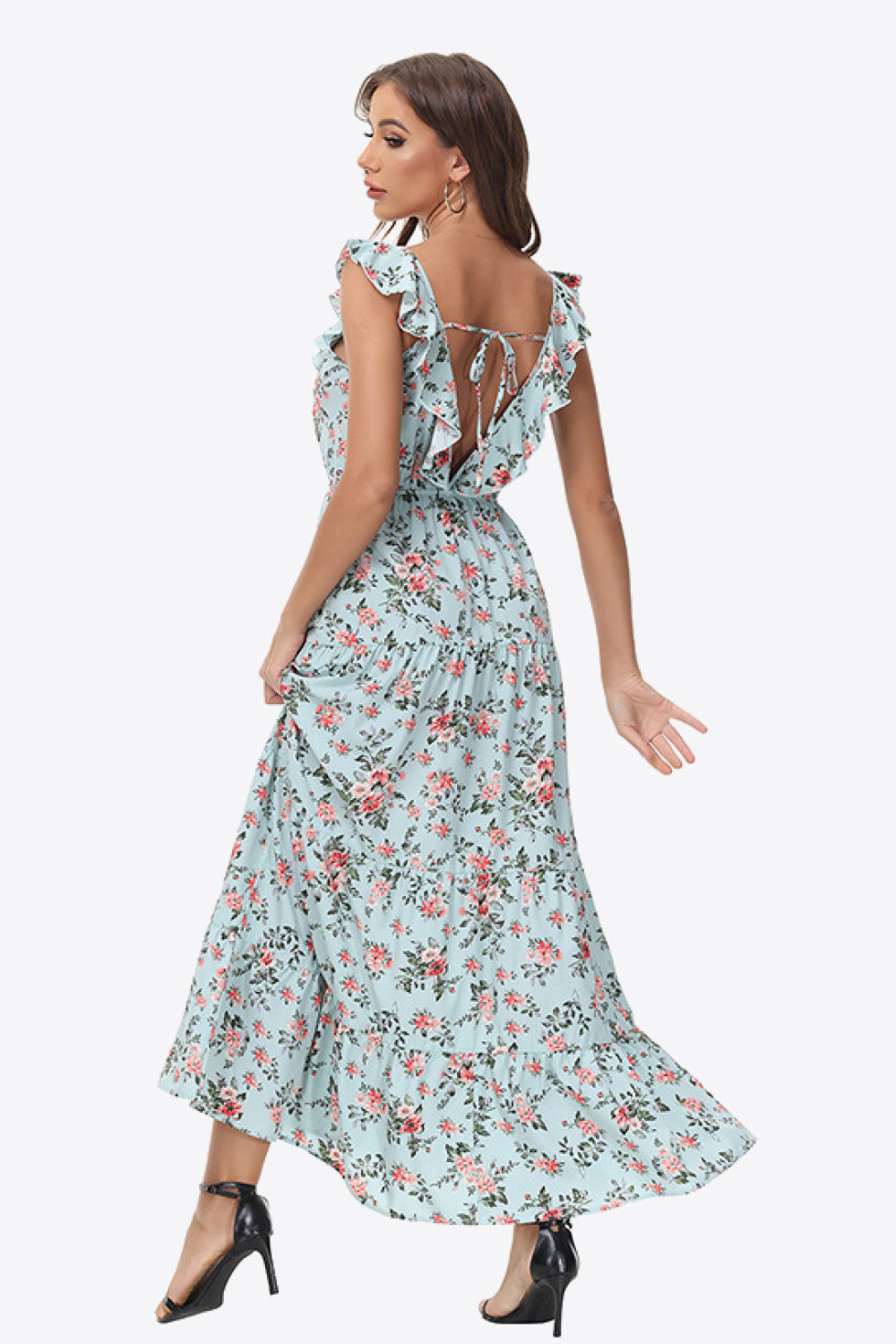 Floral Ruffle Shoulder Tied Maxi Dress