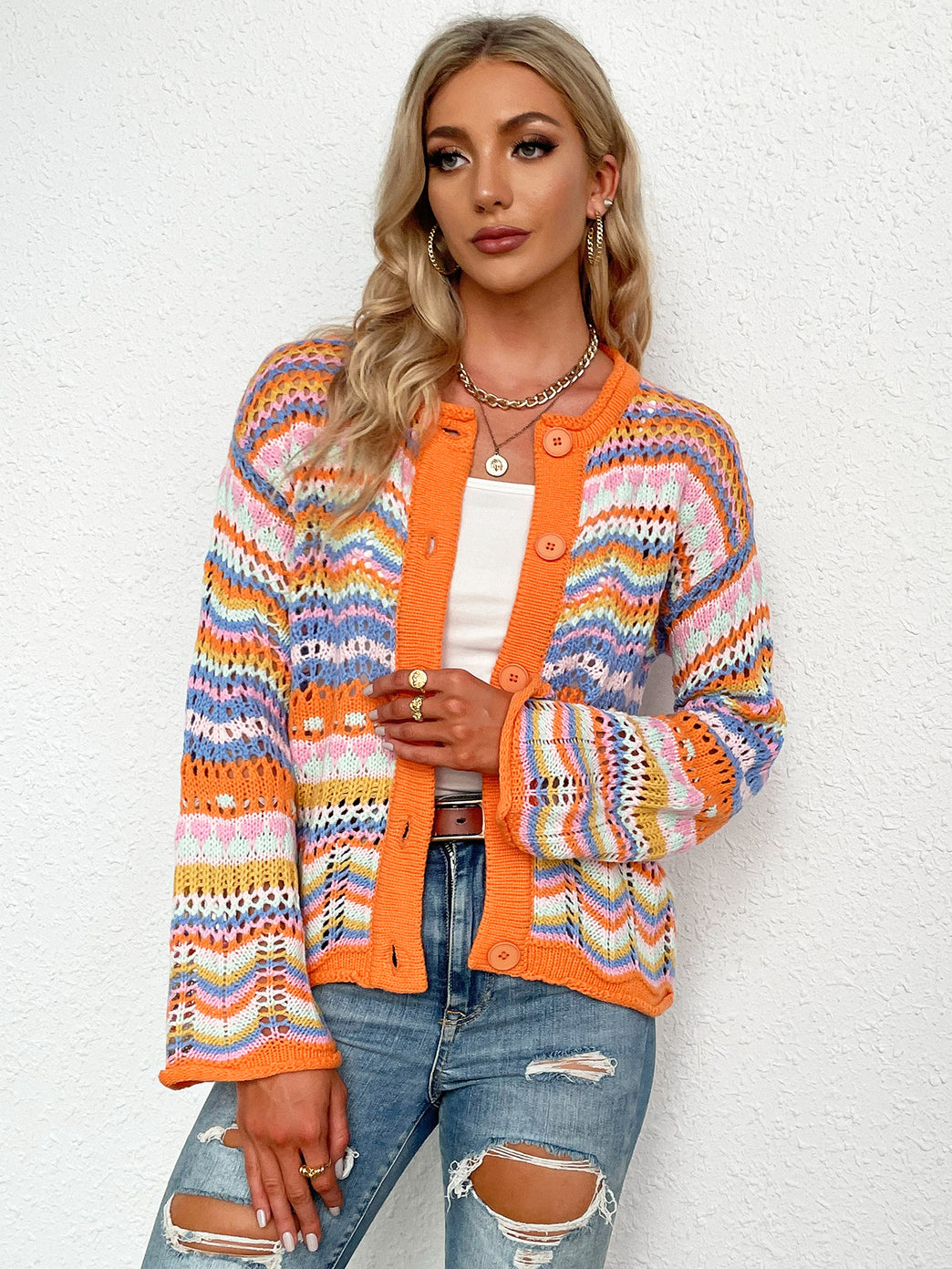 Chevron Stripes Openwork Cardigan - MiAmorDeluxe