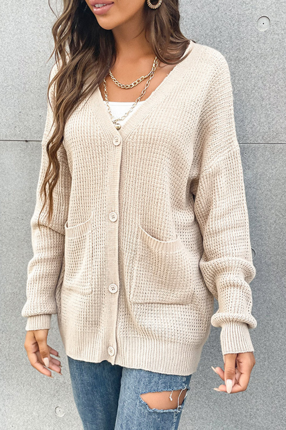 Button Front Drop Shoulder Waffle Cardigan - MiAmorDeluxe