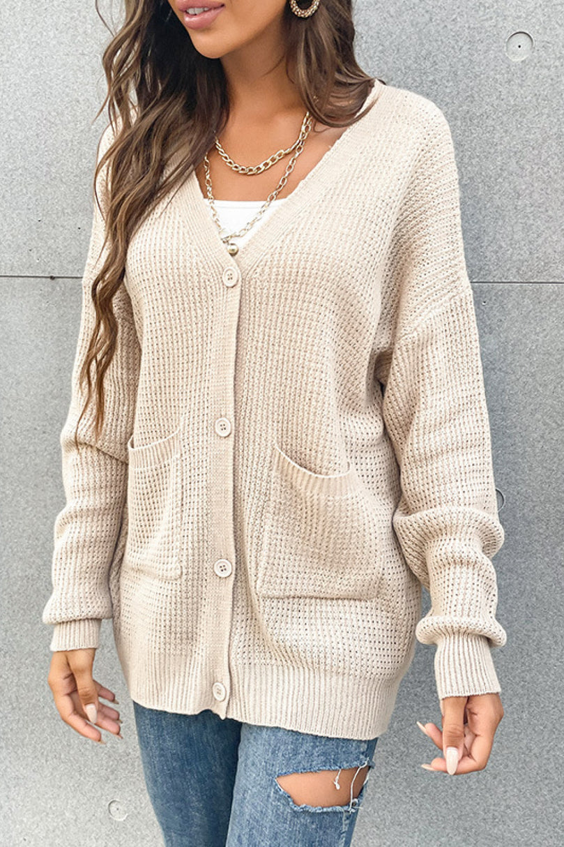 Button Front Drop Shoulder Waffle Cardigan - MiAmorDeluxe