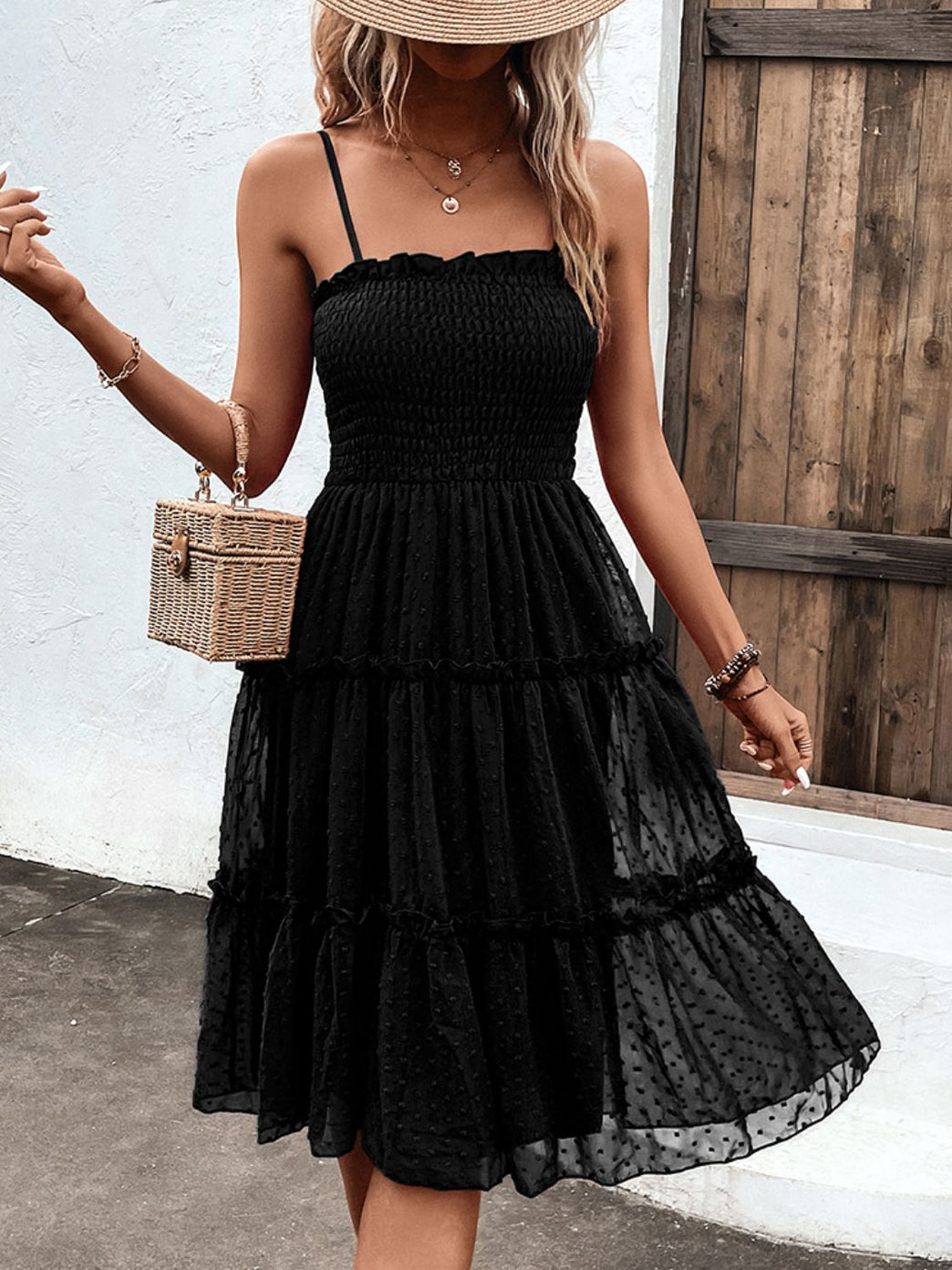 Smocked Spaghetti Strap Frill Trim Dress