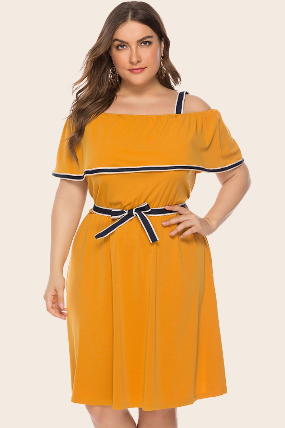 Plus Size Contrast Trim Cold-Shoulder Belted Dress
