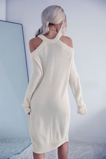 Cold Shoulder Rib-Knit Sweater Dress (Belt Not Included) - MiAmorDeluxe