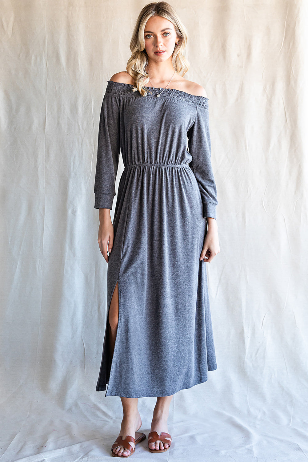 Off-Shoulder Slit Midi Dress