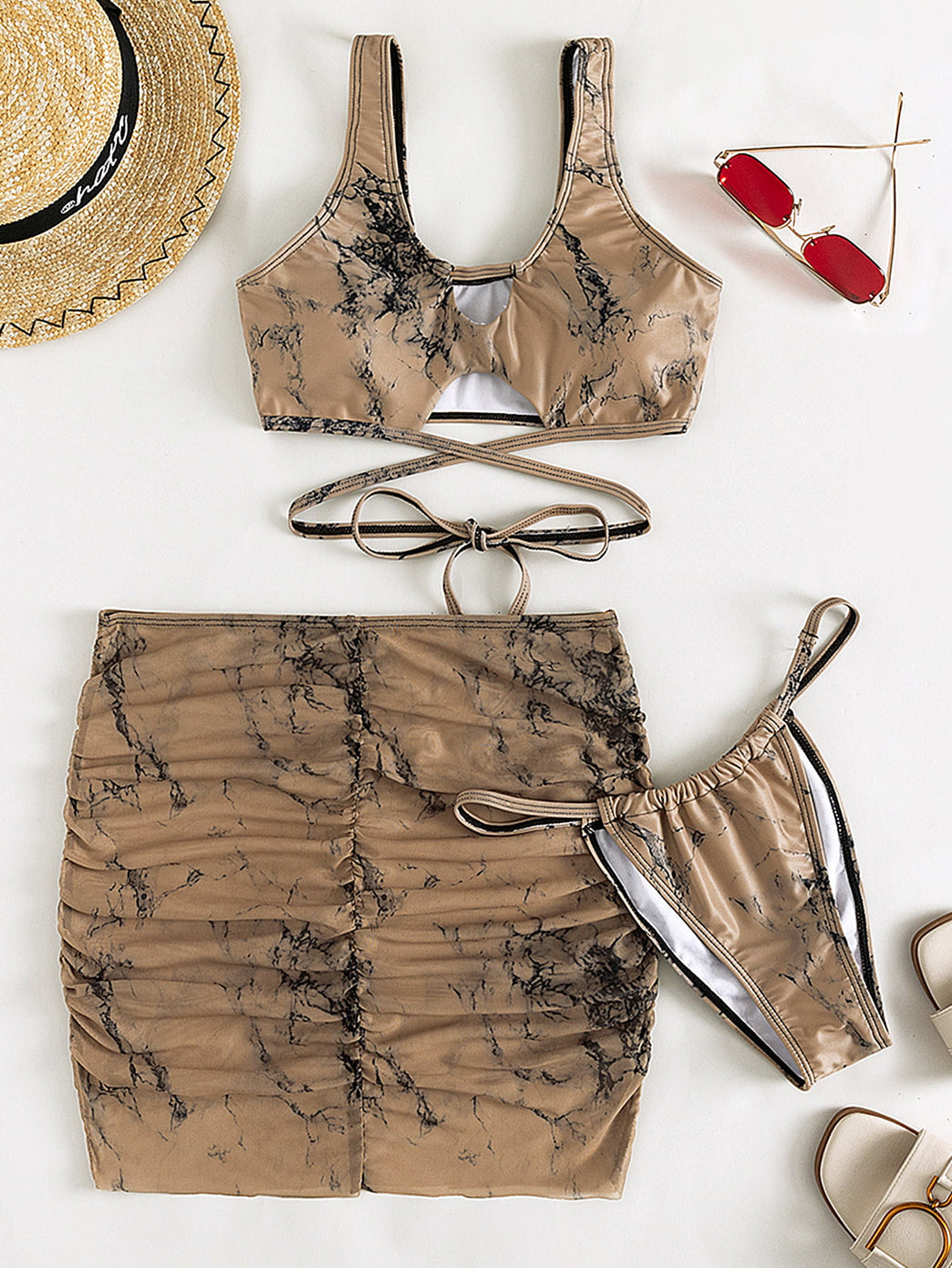 Tie-Dye Ruched Three-Piece Swimsuit