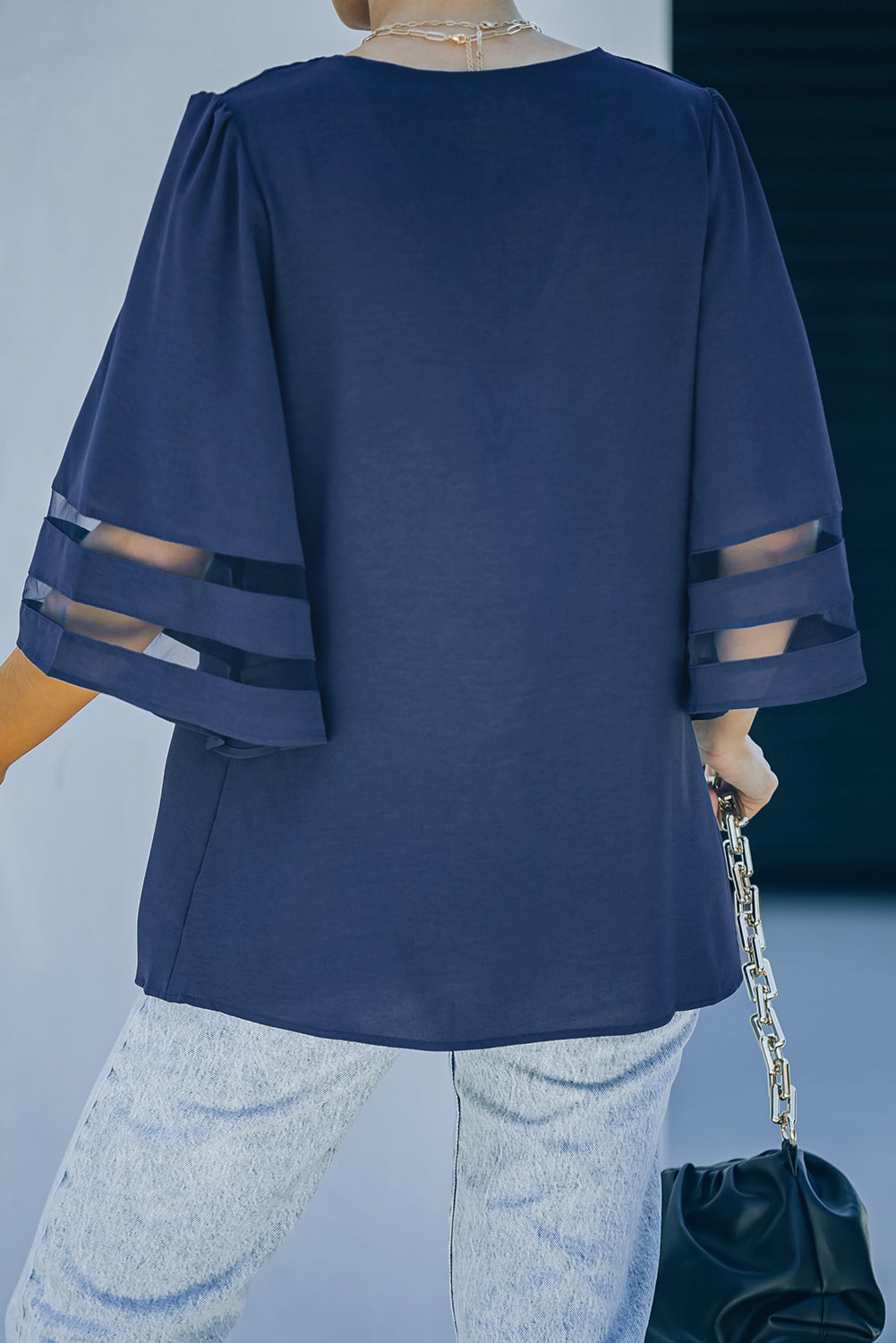 Sheer Striped Flare Sleeve V-Neck Blouse