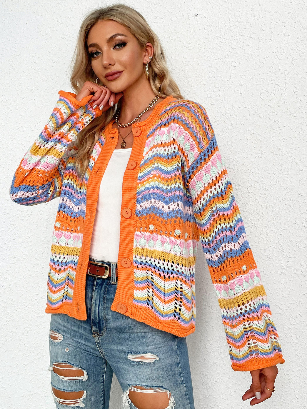Chevron Stripes Openwork Cardigan - MiAmorDeluxe