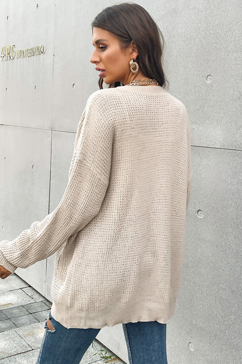 Button Front Drop Shoulder Waffle Cardigan - MiAmorDeluxe