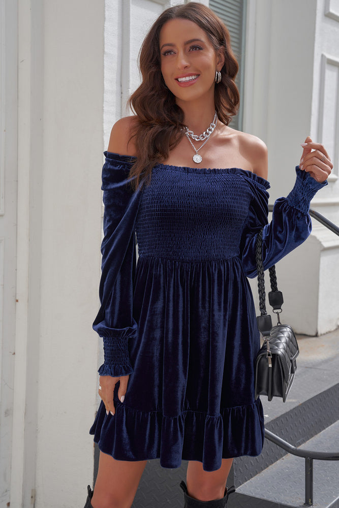 Off-Shoulder Smocked Ruffle Hem Dress