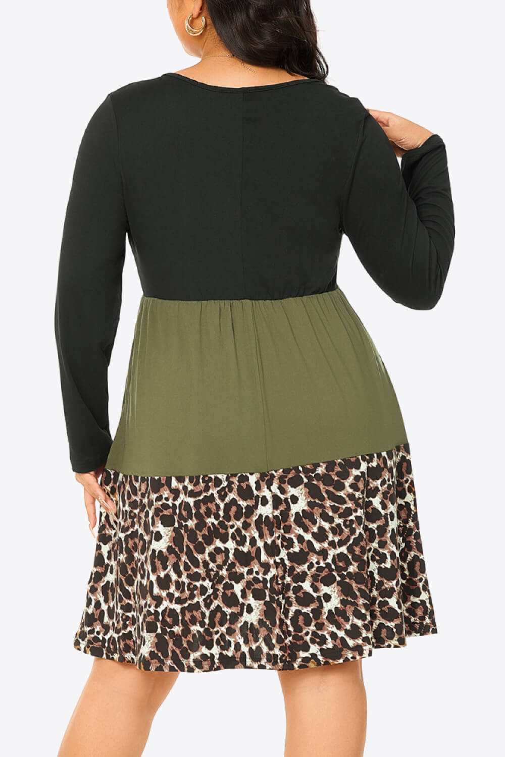 Plus Size Leopard Color Block Long Sleeve Dress